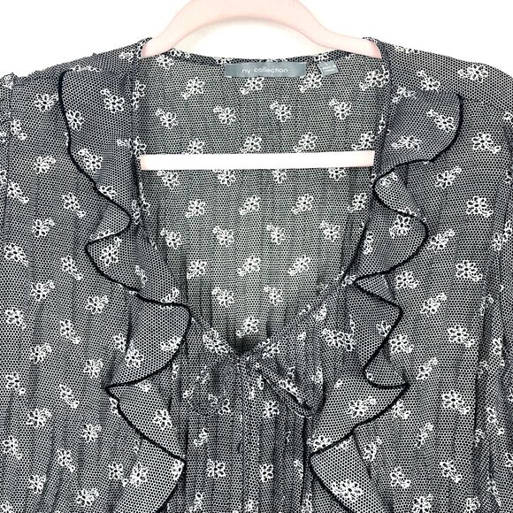 Sheer Gray Black Peasant Blouse Women’s SZ LG Ruffles Petit Floral Boho Hippie - Picture 5 of 11